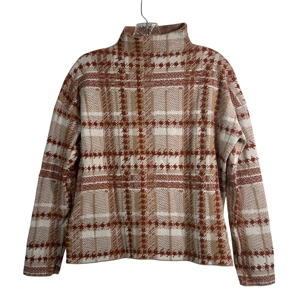Rachel Zoe Womens Large Rust Tan Houndstooth Plaid Mock‎ Neck Knit Sweater Large